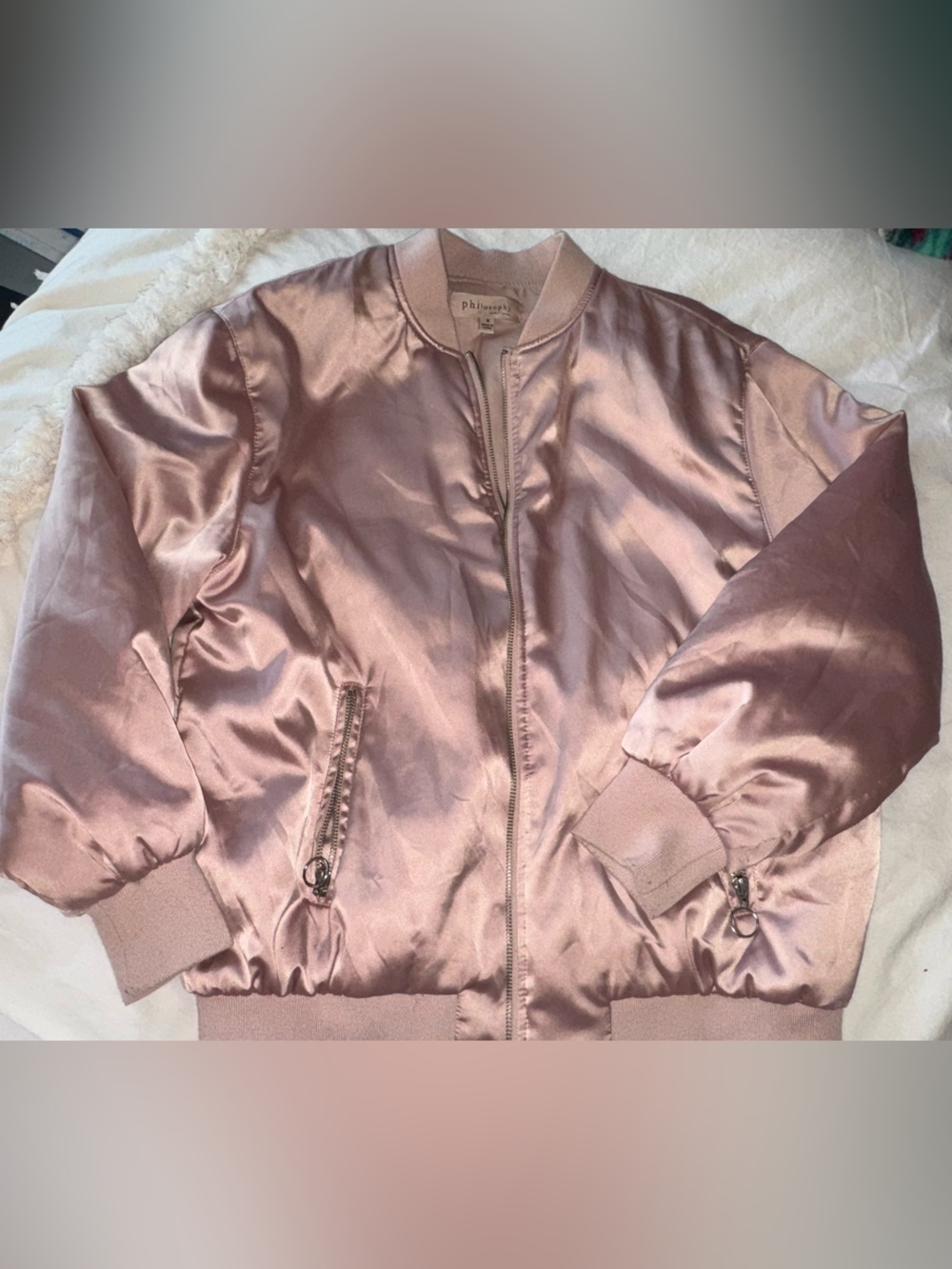 Philosophy Blush Pink Satin Bomber Jacket – EUC